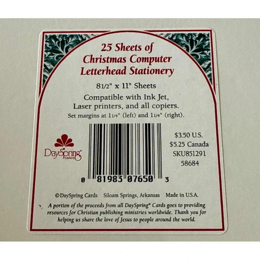 DaySpring Stationery 25ct Unisex 8.5x11 Cream New Christmas Music Letterhead